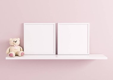Double 10x10 Square White Frame mockup for nursery or kids room with a teddy bear on white shelf and pink wall. Two empty poster frame mockup for nursery or kids room with a teddy bear on white shelf and pink background. 3D Rendering