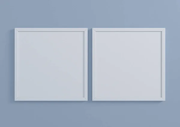 Double 8X8 Square White Frame Makieta Niebieskiej Ścianie Dwie Puste — Zdjęcie stockowe