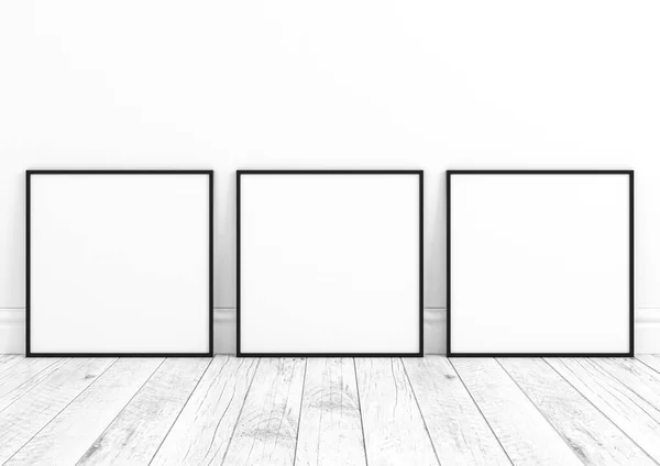 Triple 8x8 Square Black Frame mockup on wooden floor and white wall. Three empty poster frame mockup on wooden floor and white background. 3D Rendering