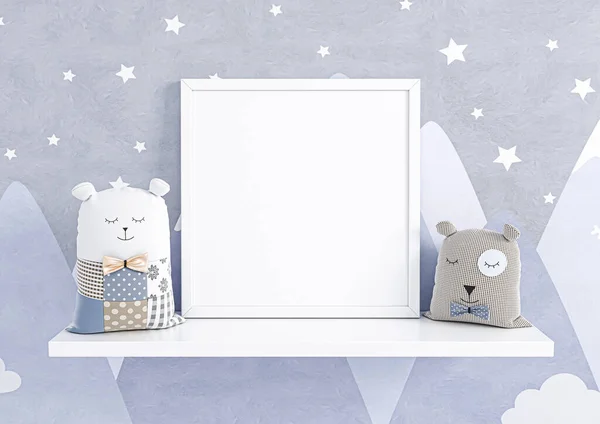 Single 8X8 Square White Frame Mockup Nursery Kids Room Toys — Stock Photo, Image