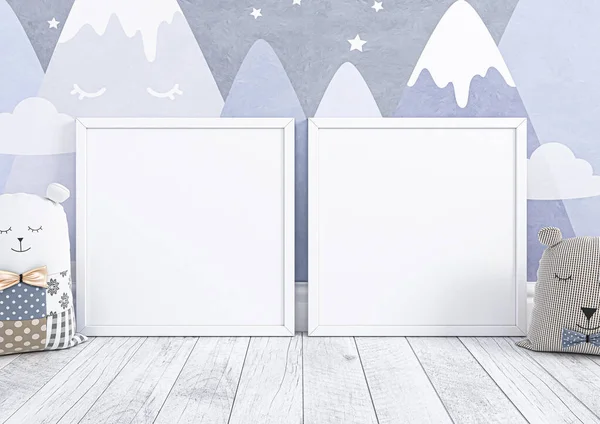 Double 8x8 Square White Frame mockup on wooden marble and blue wallpapers wall. Two empty poster frame mockup for nursery or kids room with toys on wooden floor and blue wallpapers background. 3D Rendering