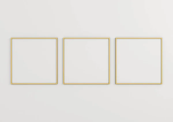 Potrójna Makieta 8X8 Square Gold Frame Białej Ścianie Trzy Puste — Zdjęcie stockowe