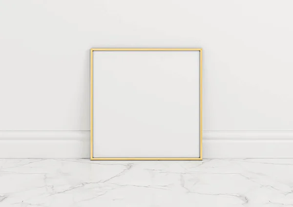 Single 8x8 Square Gold Frame mockup on marble floor and white wall. One empty poster frame mockup on marble floor and white background. 3D Rendering