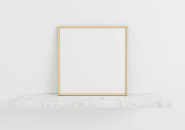 Single 8X8 Square Gold Frame Maqueta Estante Mármol Pared Blanca —  Fotos de Stock