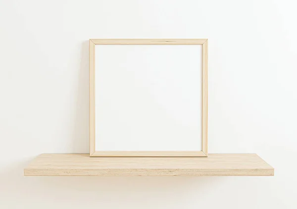 Single 10X10 Square Wooden Frame Mockup Wooden Shelf White Wall — Photo