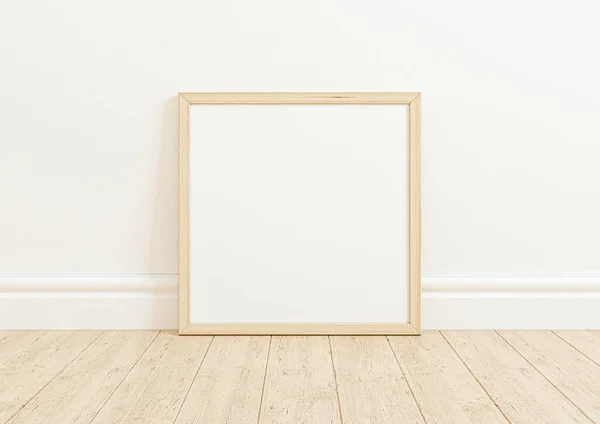 Single 10x10 Square Wooden Frame mockup on wooden floor and white wall. One empty poster frame mockup on wooden floor and white background. 3D Rendering