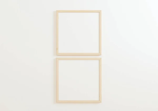 Double 10x10 Square Wooden Frame mockup on white wall. Two empty poster frame mockup on white background. 3D Rendering