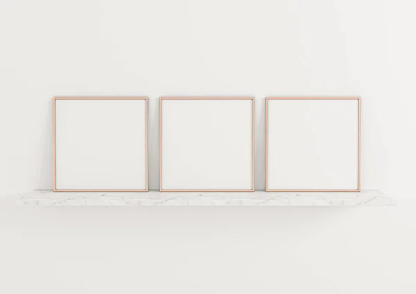 Triple 10X10 Square Rose Gold Frame Mockup Marble Shelf White — Fotografia de Stock