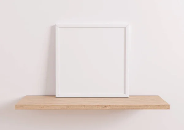 Pojedyncza Makieta 10X10 Square White Frame Drewnianej Półce Białej Ścianie — Zdjęcie stockowe