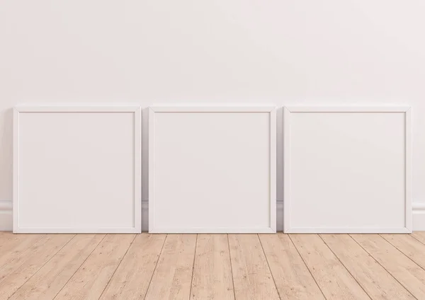 Triple 10X10 Square White Frame Mockup Wooden Floor White Wall — Fotografia de Stock