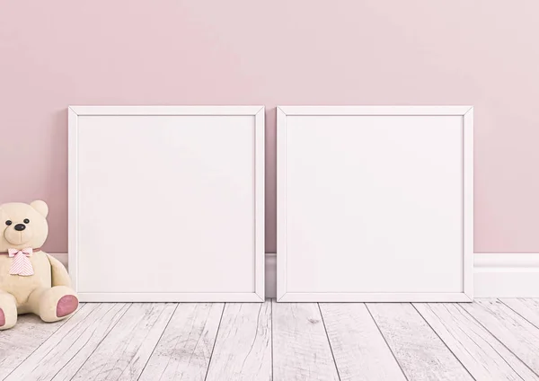 Double 10X10 Square White Frame Mockup White Wooden Floor Pink — Fotografia de Stock