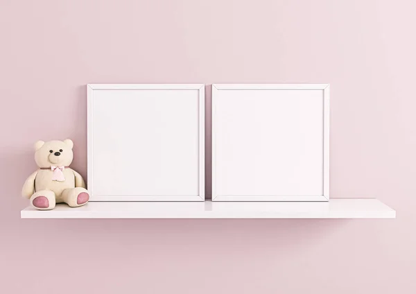 Double 10X10 Square White Frame Mockup Nursery Kids Room Teddy — Fotografia de Stock