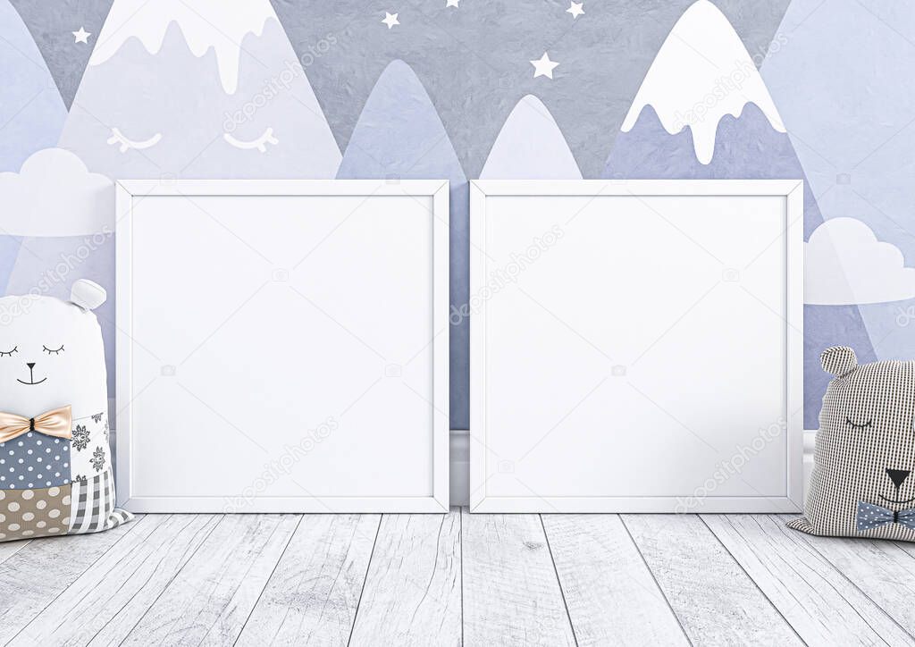 Doble 8x8 Cuadrado Marco blanco maqueta en mármol de madera y la pared fondos de pantalla azul. Dos carteles vacíos marco maqueta para cuarto de niños o guardería con juguetes en el Doble 8x8 Cuadrado Marco blanco maqueta en mármol de madera y la pared fondos de pantalla azul. Dos carteles vacíos marco maqueta para cuarto de niños o guardería con juguetes en el