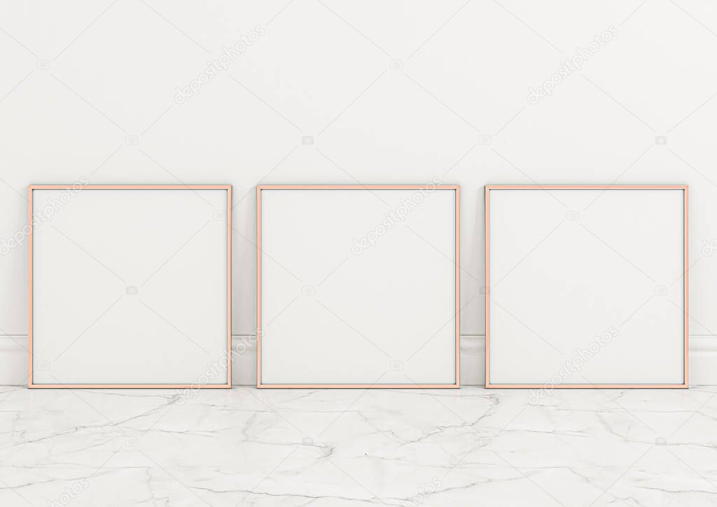 Triple 10x10 Square Rose Gold Frame mockup on marble floor and white wall. Three empty poster frame mockup on marble floor and white background. 3D Rendering