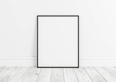 Ahşap zeminde ve beyaz duvarda tek başına 8x10 dikey siyah çerçeve modeli. Ahşap zeminde boş bir poster modeli ve beyaz arka plan. 3B Hazırlama