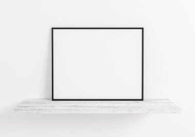 Tekli 8x10 Yatay Siyah Çerçeve modeli ahşap raf ve beyaz duvar. Boş bir poster çerçevesi ahşap rafta ve beyaz arka planda. 3B Hazırlama