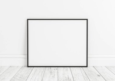 Tekli 8x10 Yatay Siyah Çerçeve, ahşap zemin ve beyaz duvar. Ahşap zeminde boş bir poster modeli ve beyaz arka plan. 3B Hazırlama
