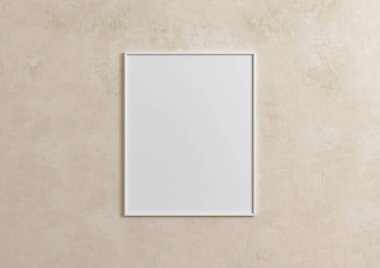 Tekli 8x10 dikey beyaz çerçeve modeli, vazoda yeşil bitki bej duvarda. Bej arka planda yeşil bitki içeren boş bir poster modeli. 3B Hazırlama