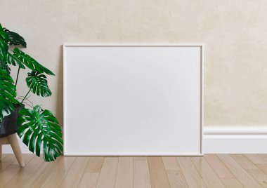 Tekli 8x10 Yatay Beyaz Çerçeve modeli. Ahşap zemin ve bej duvarda yeşil vazo var. Ahşap zemin ve bej arkaplan üzerinde yeşil vazo bulunan boş bir poster modeli. 3B Hazırlama