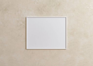 Tekli 8x10 Yatay Beyaz Çerçeve modeli, vazoda yeşil bitki bej duvarda. Bej arka planda yeşil bitki içeren boş bir poster modeli. 3B Hazırlama