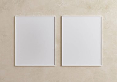 Bej duvarda çift 8x10 dikey beyaz çerçeve modeli. Bej arka planda iki boş poster modeli. 3B Hazırlama