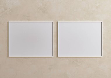 Çift 8x10 Yatay Beyaz Çerçeve modeli bej duvarda. Bej arka planda iki boş poster modeli. 3B Hazırlama