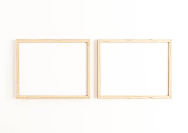 Duble 8x10 Yatay Ahşap çerçeve modeli beyaz duvarda. Beyaz arka planda iki boş poster modeli. 3B Hazırlama