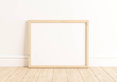 Ahşap zeminde ve beyaz duvarda tek parça 8x10 Yatay Ahşap Çerçeve. Ahşap zeminde boş bir poster modeli ve beyaz arka plan. 3B Hazırlama
