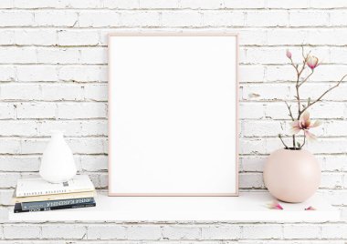 Tek 8x10 dikey pembe çerçeve modeli, beyaz raf ve beyaz tuğla duvar süslemeleri. Beyaz raf ve beyaz tuğla arka planda süslemeleri olan boş bir poster modeli. 3B Hazırlama