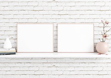 Çifte 8x10 Yatay Pembe Çerçeve, beyaz raf ve beyaz tuğla duvar süslemeleri. Beyaz raf ve beyaz tuğla arka planda süslemeleri olan iki boş poster modeli. 3B Hazırlama