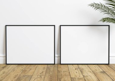 Ahşap zeminde çift 8x10 yatay siyah çerçeve modeli ve vazoda bir bitki. Ahşap zeminde ve beyaz arka planda boş resim çerçevesi modeli. 3B Hazırlama. 