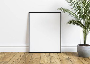Tekli 8x10 dikey siyah çerçeve modeli, bir bitki, ahşap zemin ve beyaz duvarda vazo. Ahşap zeminde ve beyaz arka planda boş resim çerçevesi modeli. 3B Hazırlama.