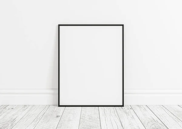 Single 8x10 Vertical Black Frame mockup on wooden floor and white wall. One empty poster frame mockup on wooden floor and white background. 3D Rendering