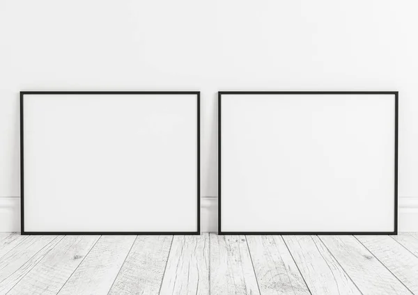 Podwójna Makieta 8X10 Horizontal Black Frame Drewnianej Podłodze Białej Ścianie — Zdjęcie stockowe