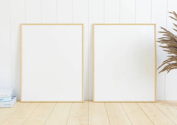 Double 8x10 Vertical wooden Frame mockup on wooden marble and white wood wall. Two empty poster frame mockup with decorations on wooden floor and white wood background. 3D Rendering