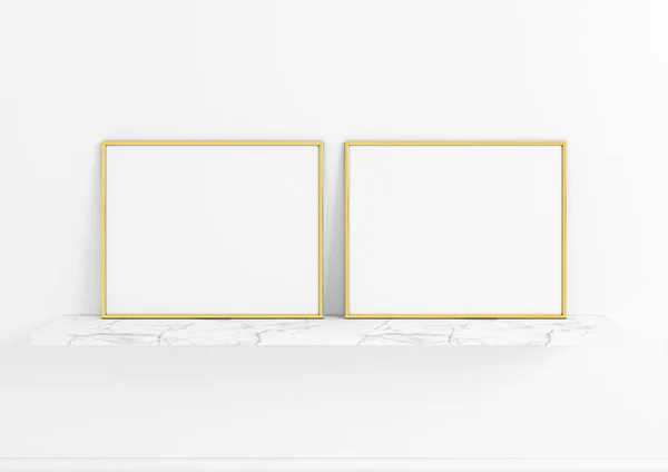 Doble 8X10 Horizontal Gold Frame Maqueta Estante Blanco Pared Blanca —  Fotos de Stock