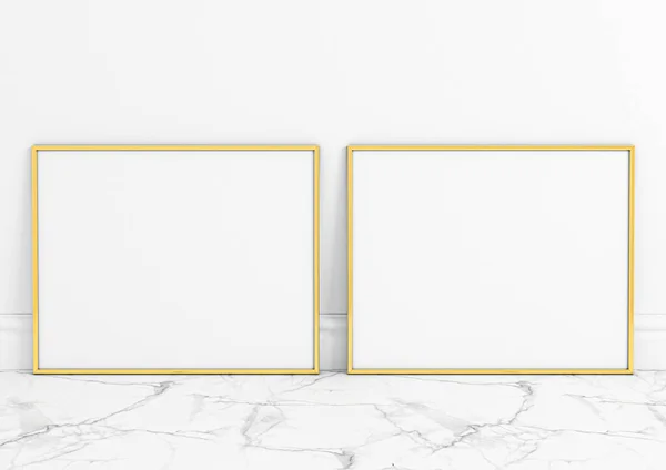 Doble 8X10 Horizontal Gold Frame Maqueta Piso Blanco Pared Blanca —  Fotos de Stock