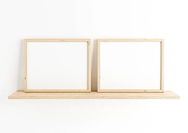 Podwójna 8X10 Horizontal Wood Frame Makieta Drewnianej Półce Białej Ścianie — Zdjęcie stockowe