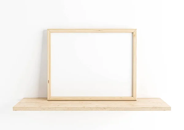 Pojedyncza Makieta 8X10 Horizontal Wood Frame Drewnianej Półce Białej Ścianie — Zdjęcie stockowe