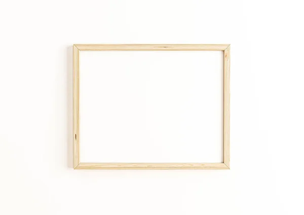 单根8X10水平木框架在白墙上的模型 一个空白的海报框模仿了白色背景 3D渲染 — 图库照片