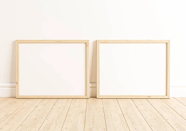 Dwuosobowy 8X10 Horizontal Wood Frame Makieta Drewnianej Podłodze Białej Ścianie — Zdjęcie stockowe