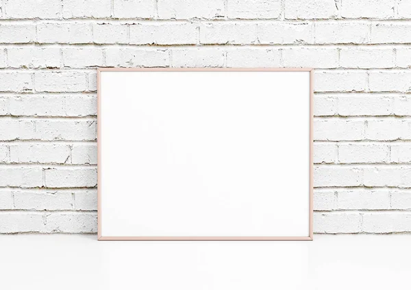 Single 8X10 Horizontal Pink Frame Maqueta Piso Blanco Pared Ladrillo —  Fotos de Stock