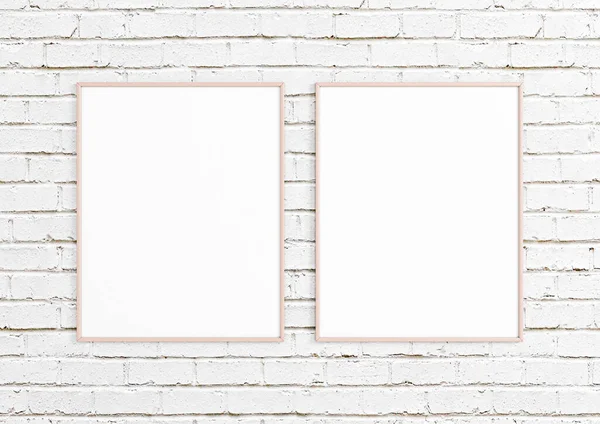 Doble 8X10 Vertical Pink Frame Maqueta Pared Ladrillo Blanco Dos —  Fotos de Stock