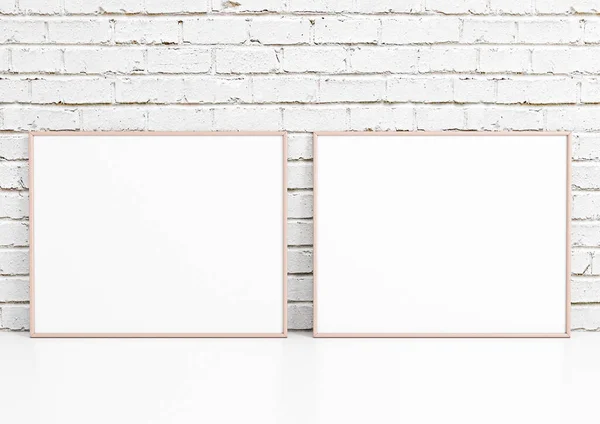 8X10 Horizontal Pink Frame Mockup White Floor White Brick Wall — 스톡 사진