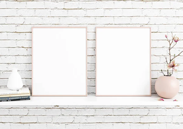 Double 8x10 Vertical Pink Frame mockup with decorations on white shelf and white brick wall. Two empty poster frame mockup with decorations on white shelf and white brick background. 3D Rendering