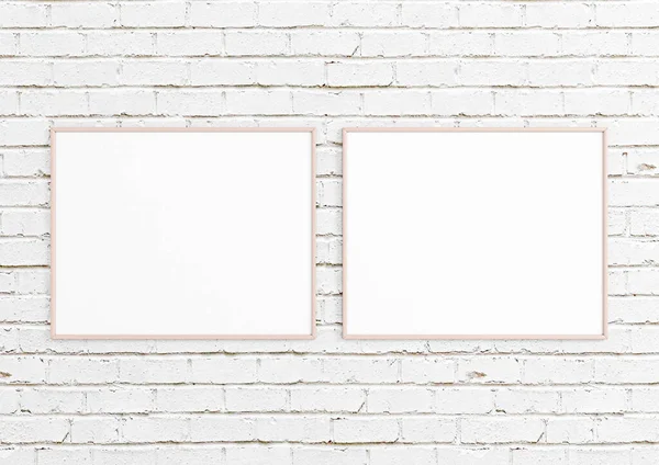 8X10 Horizontal Pink Frame Mockup White Brick Wall 배경에는 포스터 — 스톡 사진