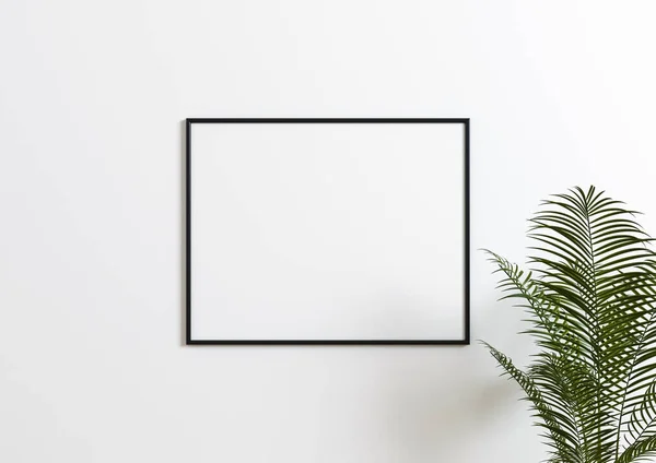 Single 8X10 Horizontal Black Frame Maqueta Pared Blanca Con Hojas —  Fotos de Stock