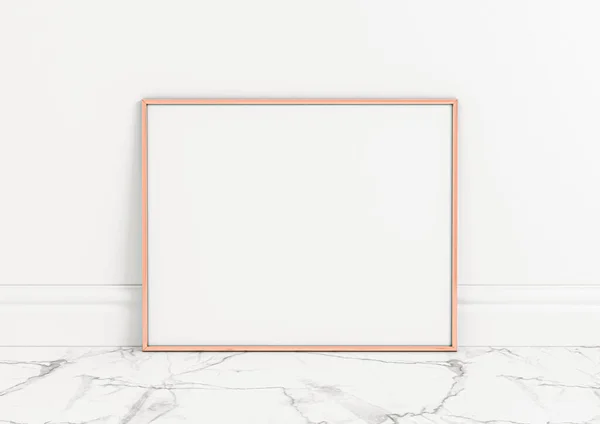 8X10 Horizontal Rose Gold Frame 대리석 벽에서 흉내를 대리석 배경에는 — 스톡 사진