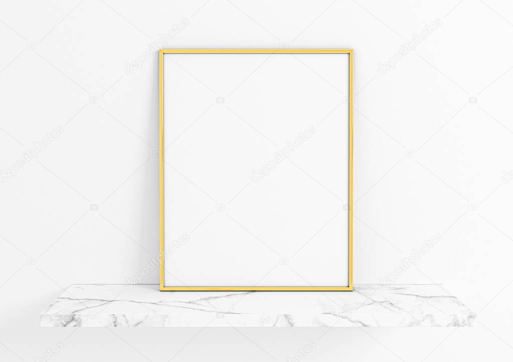 Single 8x10 Vertical Gold Frame mockup on white shelf and white wall. One empty poster frame mockup on white shelf and white background. 3D Rendering