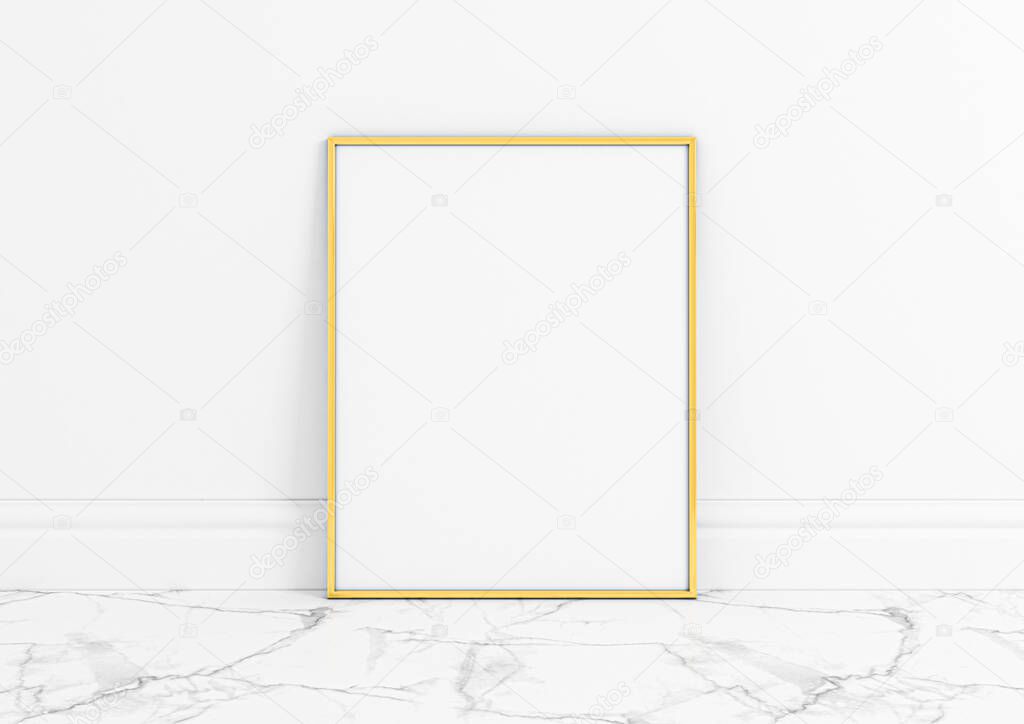 Single 8x10 Vertical Gold Frame mockup on marble floor and white wall. One empty poster frame mockup on marble floor and white background. 3D Rendering